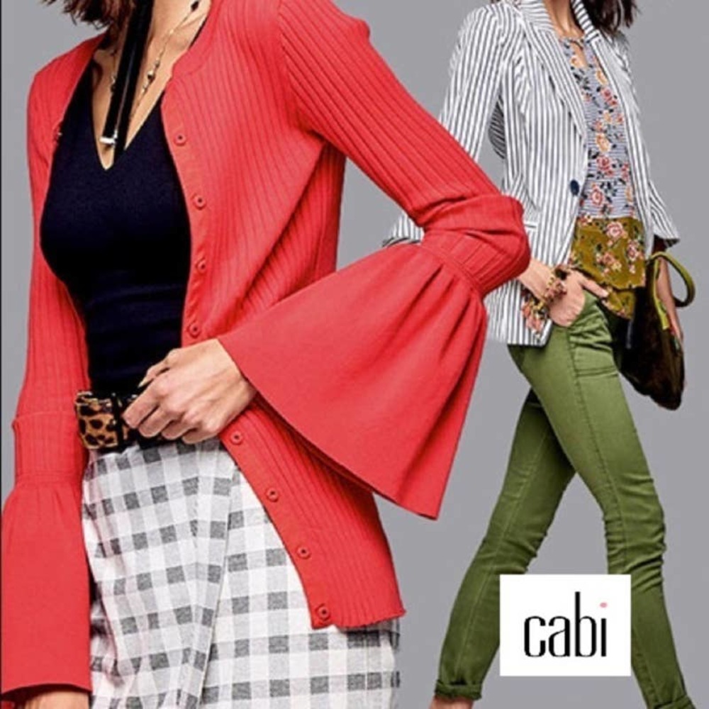 Cabi Hibiscus Red Trumpet Sleeve Ribbed Cardigan Sweater